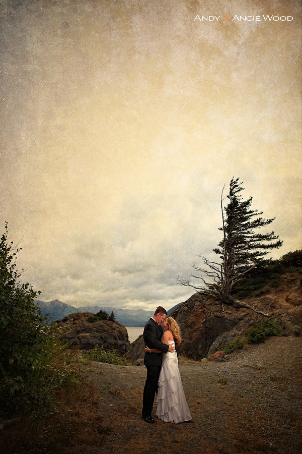Bride and Groom Kissing on cliff in alaska
